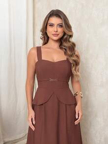 Aletheia - Marante Midi Dress With Wide Straps, Fitted Waist, Flowing Skirt, Elegant, Sophisticated, Social, Casual, Evangelical Fashion - 鏽棕色 - 查看 4