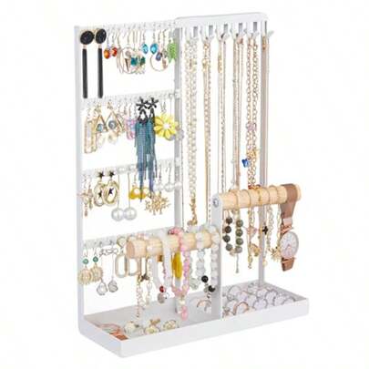 Jewelry Organizer Stand Jewelry Holder Tree And Storage Super Large Capacity 72 Earring Holes 12 Necklace Hooks 20 Rings Slot 2 Bracelet Bars Assemble Not Required Size 3.94*9.84*13.78 Inch