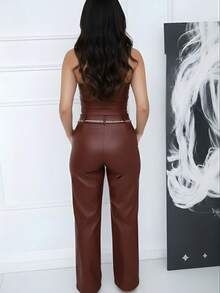 Elegant Wide Leg Straight Leather Pants - New Release - Rust Brown - View 5