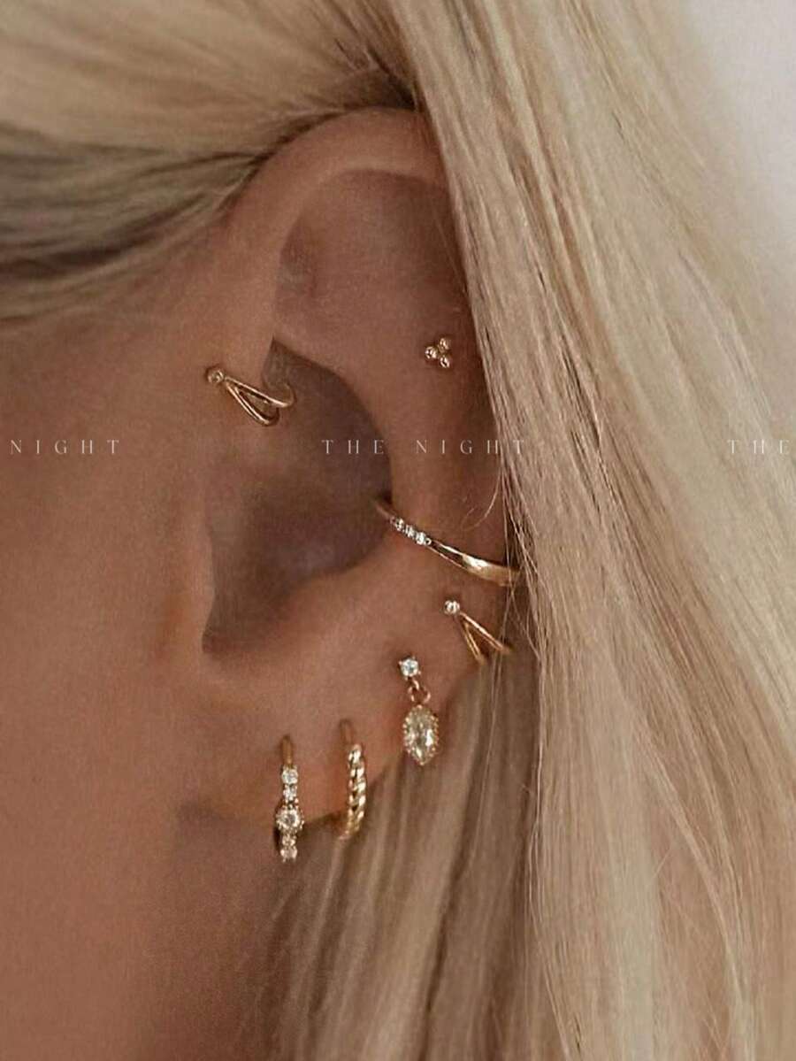 7pcs Elegant Zirconia Earring Set, Suitable For Party, Holiday, Date Or Wedding - Yellow Gold - View 1