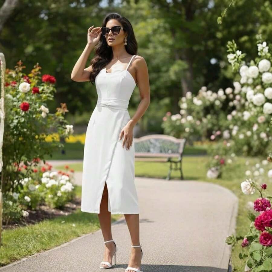 Vestido Feminino Midi em Alfaiataria com Fenda Frontal e Faixa na Cintura, Alças Finas, Comprimento Longuete P M G GG  Vestido Social para Casamento Civil, Formatura e Evento Feminino | Ref 2599