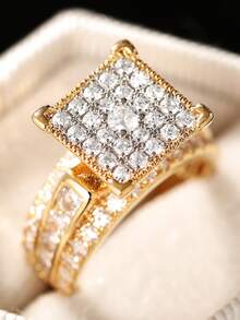 1 chiếc nhẫn Cubic Zirconia thanh lịch dành cho nữ, thích hợp làm quà tặng trang sức cho đám cưới, lễ đính hôn, tiệc tùng. - Vàng - Xem 4