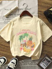 1-Piece Women's Plant Print Vacation Casual Loose Comfortable Round-Neck Short-Sleeve T-Shirt - Màu be - Xem 2