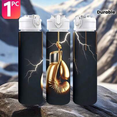 1pc Gold Boxing Glove Print, 750ml/26oz Plastic Sports Water Bottle, Cute Print, Leak-Proof With Pop-Up Lid, Lightweight, , Large Capacity, Reusable, Suitable For Office, Gym, Outdoor Sports, Yoga, Running, Great For Halloween, Christmas, Valentine's Day, Thanksgiving, Birthday Gifts
