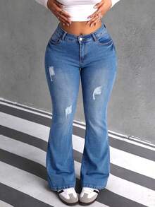 Jeans de Campana de Color Azul Oscuro con Rotos para Mujer, Pantalones Retro y Ajustados - Azul lavado oscuro - Ver 2