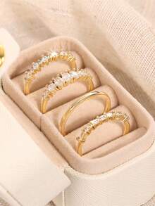 4pcs Luxury Square Cubic Zirconia Rings With Gift Box, Suitable For Women's Wedding, Engagement, Anniversary Party Wear, Valentine's Day Gift - 1# - View 4