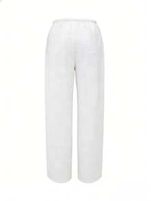 Women's White Wide Leg Pants, Elastic Waist Drawstring, Loose Relaxed Fit, Lightweight Breathable Casual Trousers, Summer Spring - Off-white - View 5