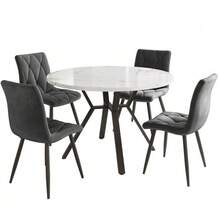 Dining Room Table And Chairs Set (5 Pieces), Modern And Minimalist Style. Round Marble Table, Black Metal Table Legs + 4 Ergonomic Grey Suede Chairs. - Grey - View 3