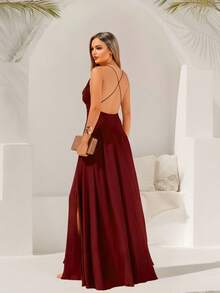 Marsala Halter Neck Long Dress With Ruffle Larissa NM Nana Marie - Gỗ đỏ - Xem 2