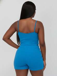 Curvy Rib Knit Camisole Crop Top And Shorts Two Piece Set Elegant Party Boho Style Plus Size Outfit - Ibiza Blue - View 3
