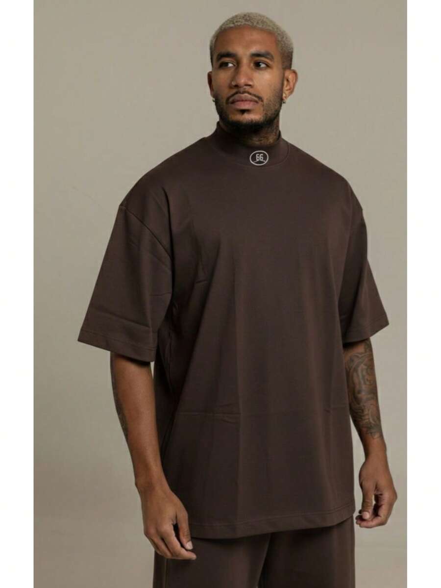 Oversized High Neck T-Shirt EG Plus Size - Rust Brown - View 1