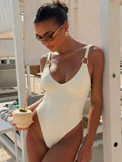 Traje de baño de una pieza para mujer, de unicolor, elegante, con escote en V y decoración de anillo metálico, de tela de alta elasticidad para playa y resort, ideal para vacaciones de primavera/verano