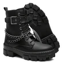 Women's Black Western Boots With Chains, Comfortable, Lightweight, Rock Style, Casual, Biker Style - 黑色 - 查看 2
