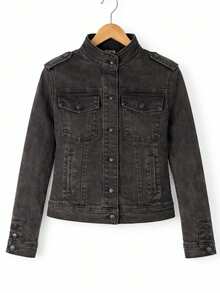 Chaqueta de Mezclilla Slim Fit Estilo Militar con Cuello Alto y Detalles de Charreteras - Denim Lavado Elástico MOD. MOA - Gris - Ver 6