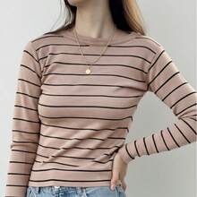 Long-Sleeved Striped Modal Knit Blouse For Cold Winter Weather. - BEIGE WITH BLACK - View 1