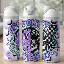 24 Oz Insulated Water Bottlea Spooky Vibes Halloween Skeleton Hand Peace Sign Skull Lightning Bolt Checkerboard Bat Spider Web Graphic Pastel Goth Aesthetic Gift For Women Teens Friends Gothic Spooky Season Party Birthday Present Accessory Decor - 24oz 1pc - 查看 1