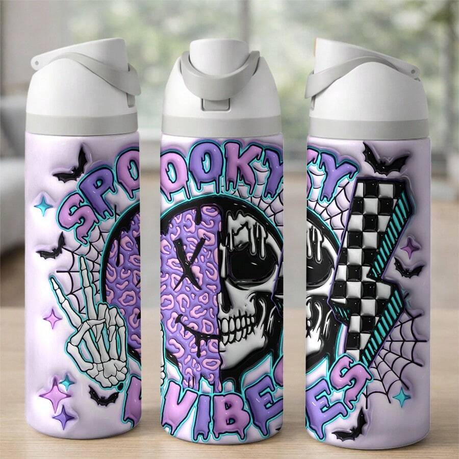 24 Oz Insulated Water Bottlea Spooky Vibes Halloween Skeleton Hand Peace Sign Skull Lightning Bolt Checkerboard Bat Spider Web Graphic Pastel Goth Aesthetic Gift For Women Teens Friends Gothic Spooky Season Party Birthday Present Accessory Decor - 24oz 1pc - 查看 1