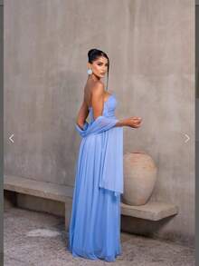 Long Dress With Cape For Wedding, Evening, Or Graduation. - Baby Blue - View 2