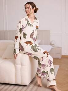 两件套女士睡衣套装，豹纹印花，时尚舒适的家居服 - 黃色 - 查看 10