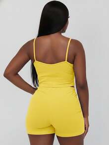 Curvy Rib Knit Camisole Crop Top And Shorts Two Piece Set Elegant Party Boho Style Plus Size Outfit - 黃色 - 查看 3