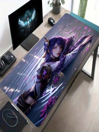1pc Large Size E-Sports Gaming Mouse Pad, Purple Hair Character & Floral Water Surface Pattern, Non-Slip Washable Rubber Base, Suitable As Desk Mat, Keyboard Pad, Desktop Pad, Office & Dorm Use, Holiday & Birthday Gift, Compatible With Mouse & Trackball