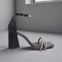 Women's Sandal With 8cm Block Heel, Rhinestones, Glitter, Straps, Modern Party Style, Comfortable, Plus Sizes 33 To 43 - 黑色清漆 - 查看 7