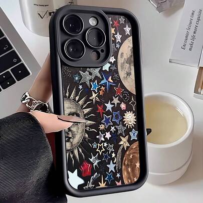 1 pieza Funda de teléfono con diseño de patrón de cielo estrellado de galaxia cósmica de moda, marco de lente negro mate con diseño escalonado, cubierta protectora suave, compatible con Samsung/Galaxy///Honor/ Smartphones