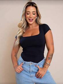 Women's Basic Square Neck Blouse In Suplex - Black - View 1
