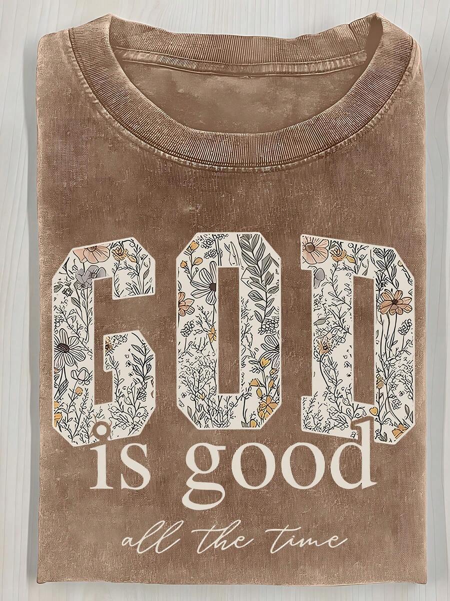 Graphic Tee  - Casual Loose-Fitting Washed Cotton 230G Pure Cotton T-Shirt For Women's Summer Wear   - Street Retro Distressed Style, Unisex Design - 摩卡棕 - 查看 1