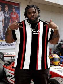 Plus Size Men's Striped Gradient Short Sleeve T-Shirt, Fashionable Casual Colorblock Letter Print T-Shirt, Plus Size Vertical Stripe Sports Tee For Summer - Multicolor - View 1