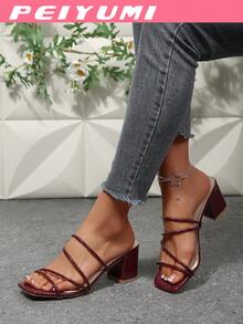 法国夏季新款女士高跟鞋，材质亮丽柔软，粗跟设计，简约时尚优雅的仙女风格，适合派对和聚会。 - 酒紅色 - 查看 5