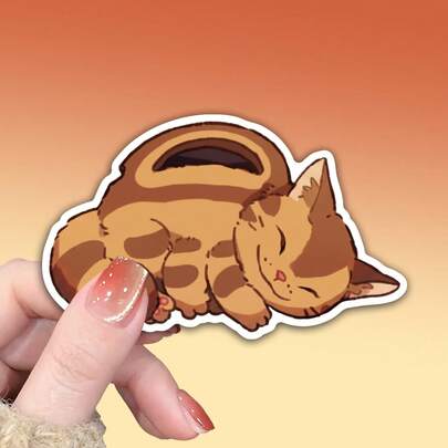 Cute Sleeping Cat Sticker, Adorable Brown Tabby Kitten Vinyl Decal, Kawaii Anime Animal Art For Laptop Phone Case Water Bottle, Wholesome Cottagecore Aesthetic Gift For Cat Mom Pet Lovers, Waterproof DIY Planner Decor