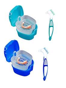 Bộ dụng cụ vệ sinh và khử trùng răng giả/niềng răng, hộp đựng răng giả có nắp, bàn chải vệ sinh răng giả/niềng răng/niềng răng chỉnh nha. Hộp đựng dung dịch vệ sinh răng giả có lưới lọc, bàn chải vệ sinh răng giả, bàn chải vệ sinh răng giả/niềng răng. - Nhiều màu - Xem 2