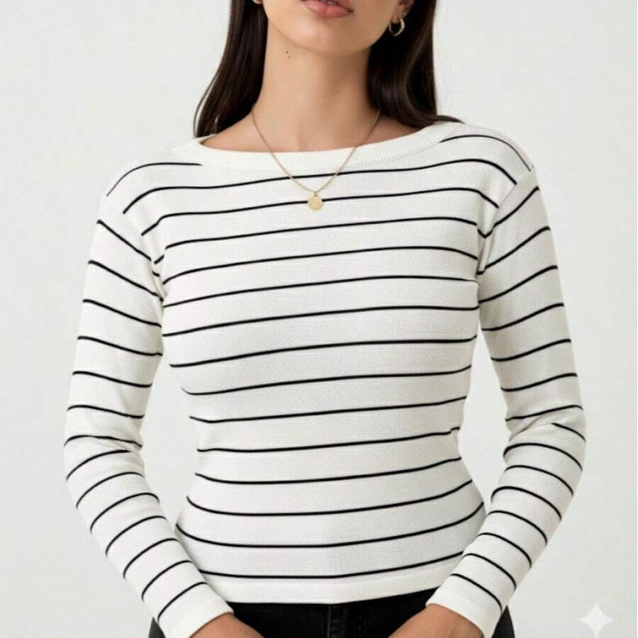 Long-Sleeved Striped Modal Knit Blouse For Cold Winter Weather. - Off With Black - View 1