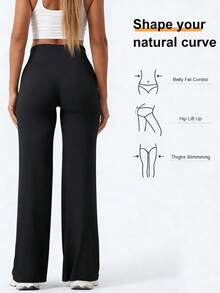 1 pieza Pantalones de pierna recta y ancha para mujer, leggings de yoga de cintura alta adelgazantes, adecuados para primavera, verano y otoño - Negro - Ver 4