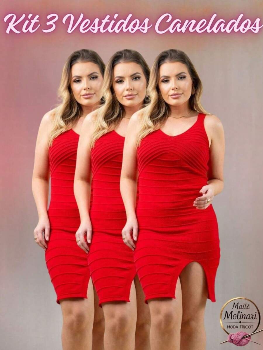Set Of 3 Women's Modal Knit Dresses With V-Neck, Ribbed Knit, Front Slit, And Wide Straps - Summer - 紅/紅/紅 - 查看 1