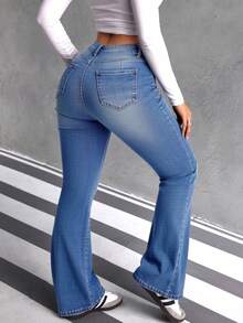 Jeans de Campana de Color Azul Oscuro con Rotos para Mujer, Pantalones Retro y Ajustados - Azul lavado oscuro - Ver 5