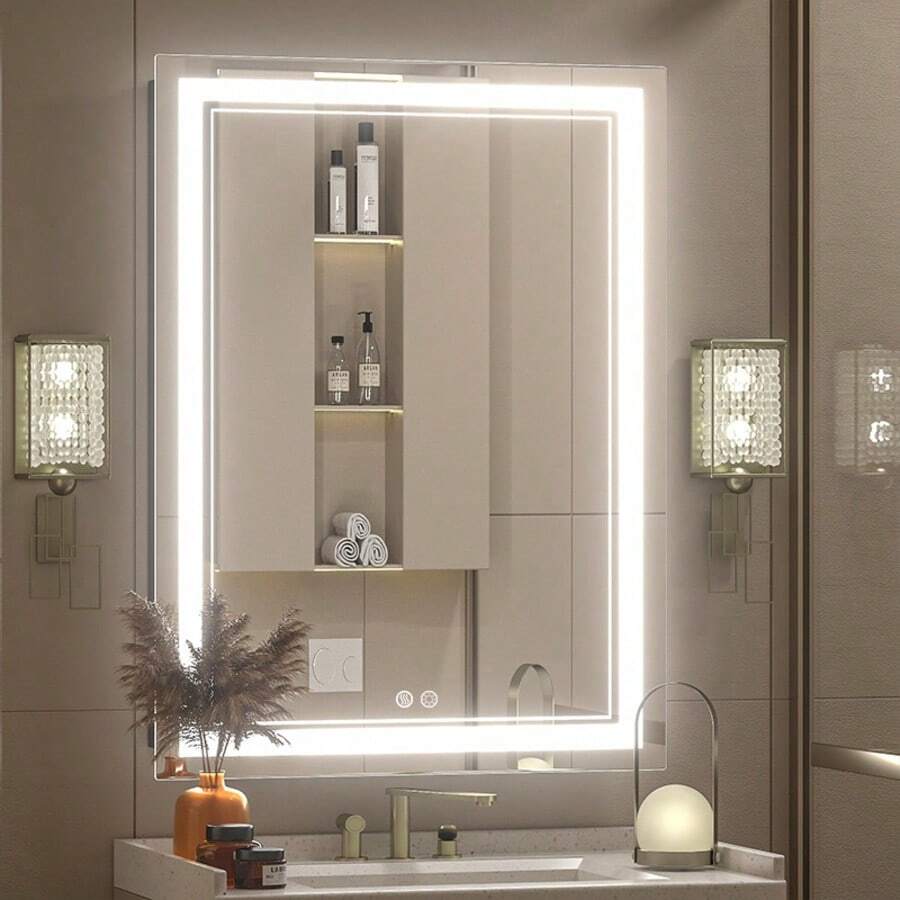 ShangPuYun Premium LED Bathroom Mirror With Lights|Anti-Fog,Touch-Sensitive Dimmer,Dimmable Wall-Mounted Vanity Mirrors ,High Definition Makeup Mirrors,Size 24*16in,Room Decor,Bathroom Decor And Accessories - 美規A型插(110-127V) - 查看 1