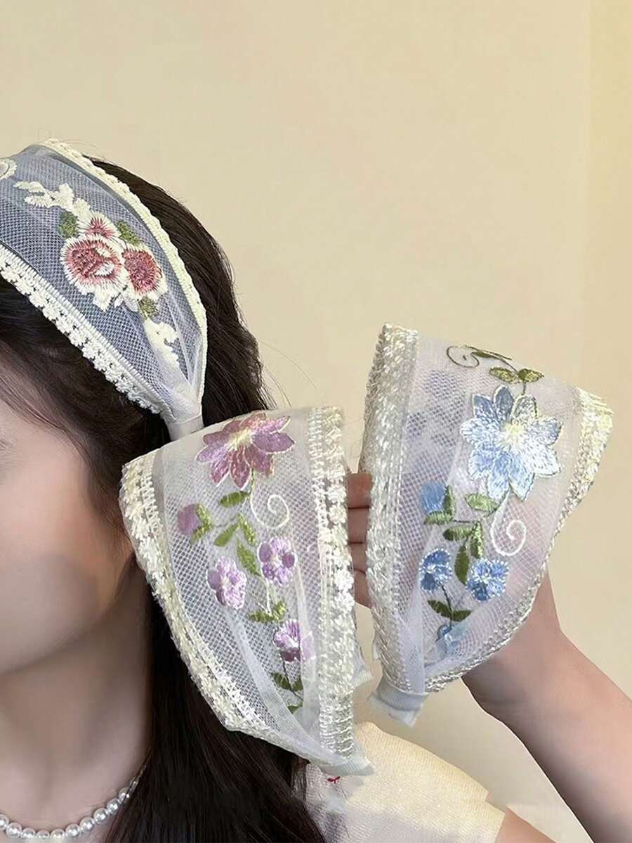 3pcs French Romantic Embroidered Mesh Headbands, Lace Trim Wide Hair Hoops, Soft & Versatile Hair Accessories - Multicolor - View 1
