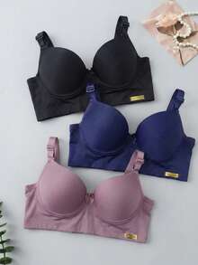 Kit 3 Sutiã com bBojo Reforçado Liso Três Fechos Poliamida Alça Larga Sutian Femino - PRETO/MARINHO/MALVA - Visão 2