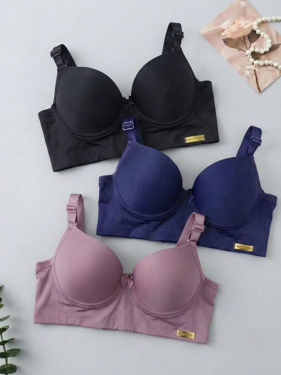 Kit 3 Sutiã com bBojo Reforçado Liso Três Fechos Poliamida Alça Larga Sutian Femino