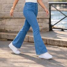 Calça Jeans Feminina Petit Flare  Cintura Alta Biotipo Original Boca de Sino Elastano Lycra Confortável Elástica Fler - Azul - Visão 12