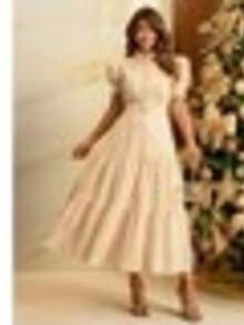 Evangelical Dress, Midi Skirt, 100% Cotton Lace, Buttons, Belt - Màu be - Xem 7