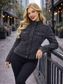 Chaqueta de Mezclilla Slim Fit Estilo Militar con Cuello Alto y Detalles de Charreteras - Denim Lavado Elástico MOD. MOA - Gris - Ver 4