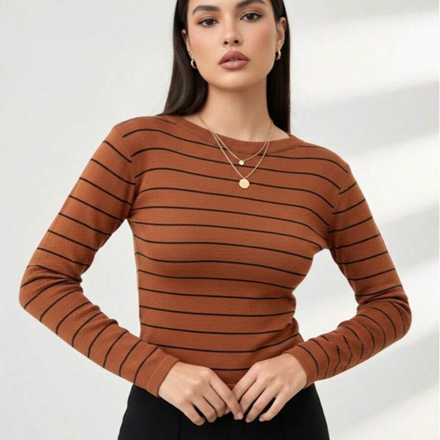 Long-Sleeved Striped Modal Knit Blouse For Cold Winter Weather. - RUST WITH BLACK - View 1