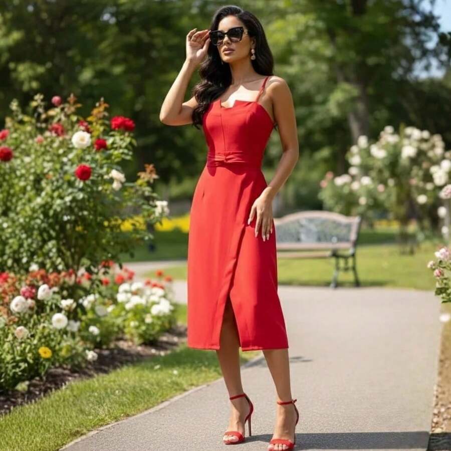 Women's Midi Tailored Dress With Front Slit And Waistband, Thin Straps, Longuette Length. Sizes P, M, G, GG. Formal Dress For Civil Weddings, Graduations, And Women's Events | Ref 2599 - 紅色 - 查看 1