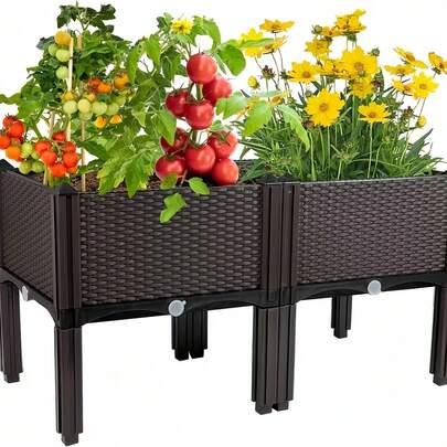4-In-1 Raised Planter Box With Drainage System, Classic Woven Black Plastic Planter, Suitable For Various Weather, Elevated Balcony Vegetable Planter, Flower Pot, Garden, Lawn, Outdoor Railing Planter, Rectangular Planter Box, Creative Planter, Ideal For Growing Flowers, Vegetables And Herbs | Lightweight And Easy To Assemble, Multi-Component Elevated Flower Bed Design