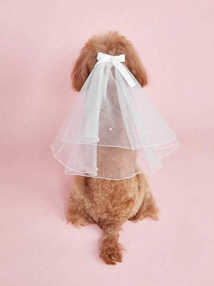 猫狗宠物婚礼礼服及头饰套装 - 白色 - 查看 1