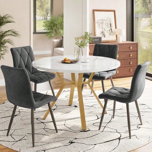 Ensemble de salle à manger, ensemble table et chaises (5 pièces), style moderne et épuré, composé d'une table ronde en marbre, de pieds de table en métal doré et de 4 chaises ergonomiques en velours gris. - Gris foncé - Voir 1