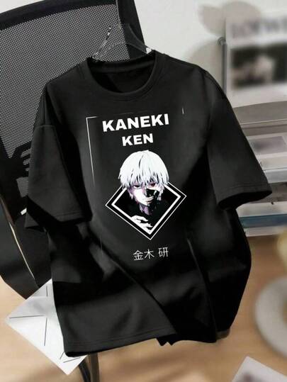 Kaneki Ken Character Portrait With White Hair And Half Face Mask In Diamond Frame Below Chinese Name Unisex T-Shirt,All Sizes Available,Family Matching Outfits Made Of Pure Cotton Men Summer Outfits,Street Wear A Youthful And Fashionable Design Vintage T Shirts T Shirt Men